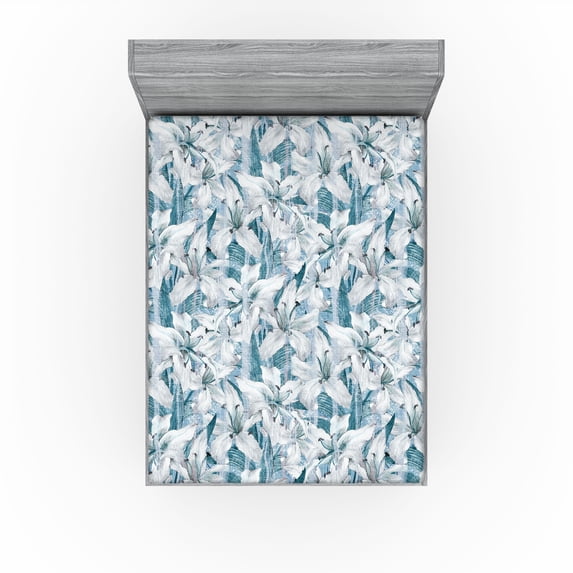 Ambesonne Cottage Floral Fitted Sheet, Greenery Leaves Art, Full Size, Teal Off White and Pale Grey