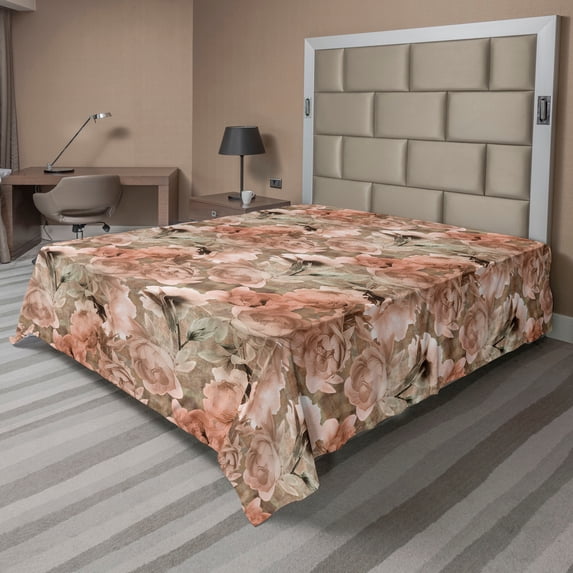 Ambesonne Cottagecore Flat Bedding Sheet Soft Top Sheet, Retro Floral Pattern, Queen, Rose Pale Green Pale Ruby