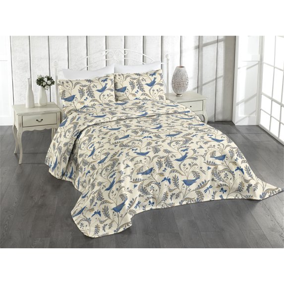Ambesonne Cottagecore Quilted Coverlet 2 Pcs, Birds on Branches Art, Twin Size, Cream and Dark Lavender