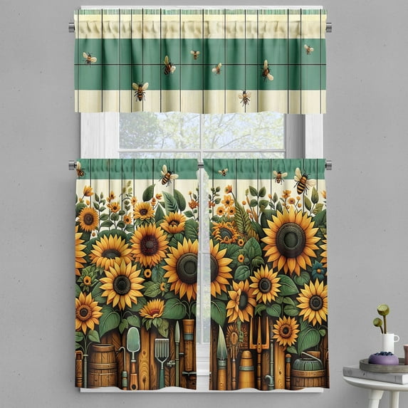 Ambesonne Cottagecore Valance & Curtain 3 Pcs Set, Rural Sunflowers Bees, 55"x30", Cadet Blue Apricot Brown