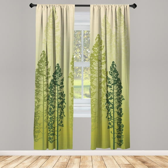 Ambesonne Country Curtains, Forest Ombre Wildlife Pines, Pair of 28"x95", Avocado Green