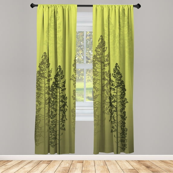 Ambesonne Country Curtains, Pine Trees Woodland Ombre, Pair of 28"x63", Yellow Green