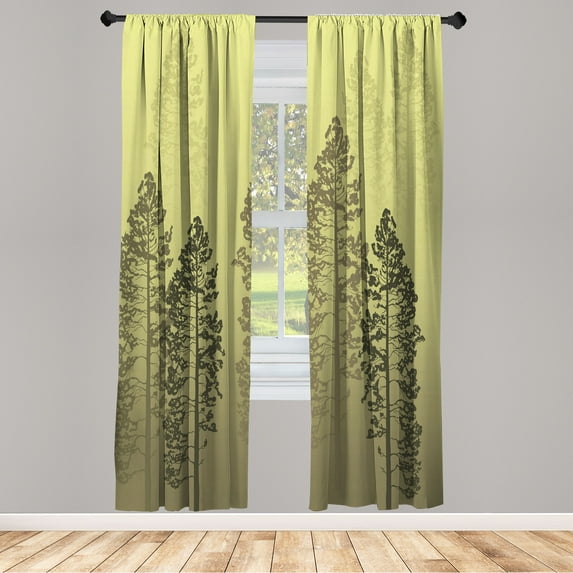 Ambesonne Country Curtains, Pine Trees Woodland Ombre, Pair of 28"x95", Pale Green