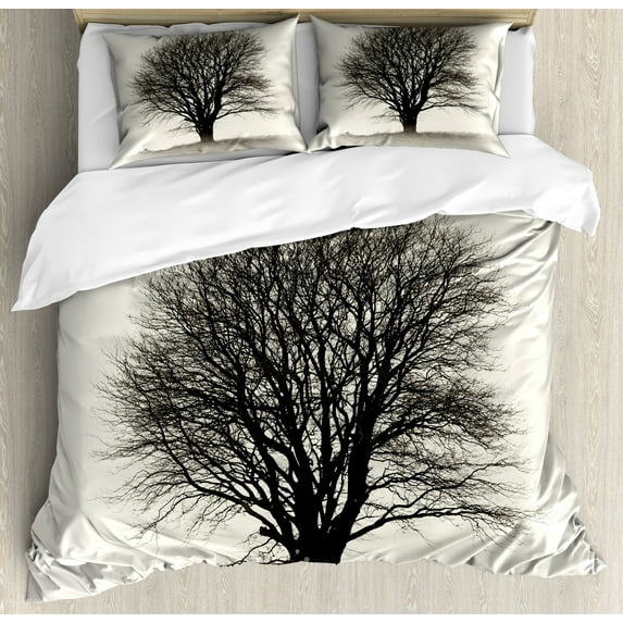 Ambesonne Country Duvet Cover Sets, Branch Tree Field, 2-King, Ivory Dark Grey