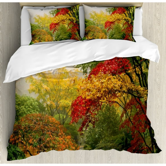 Ambesonne Country Duvet Cover Sets, Portland Japan Garden, 2-King, Red Yellow Green