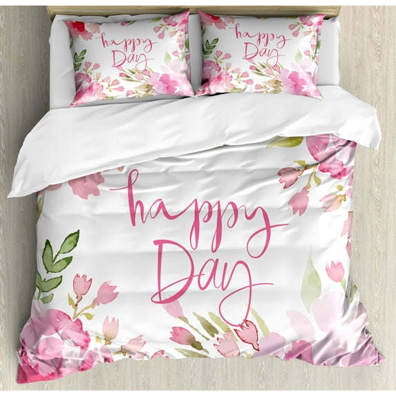 Ambesonne Country Duvet Cover Sets, Watercolor Flowers Leaf, 2-Queen, Pale Pink and Green