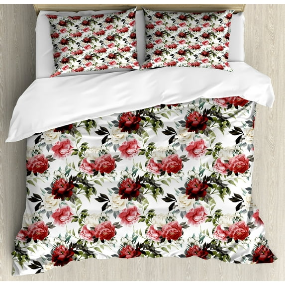 Ambesonne Country Duvet Cover Sets, Watercolor Pink Roses, 2-King, Dark Coral Maroon