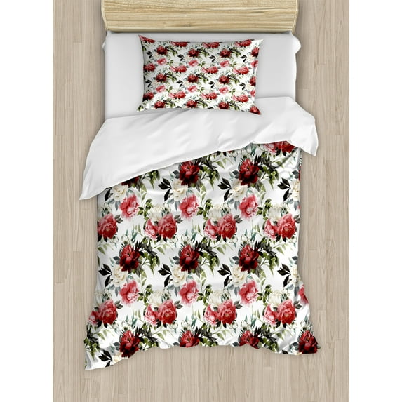 Ambesonne Country Duvet Cover Sets, Watercolor Pink Roses, 2-Twin, Dark Coral Maroon