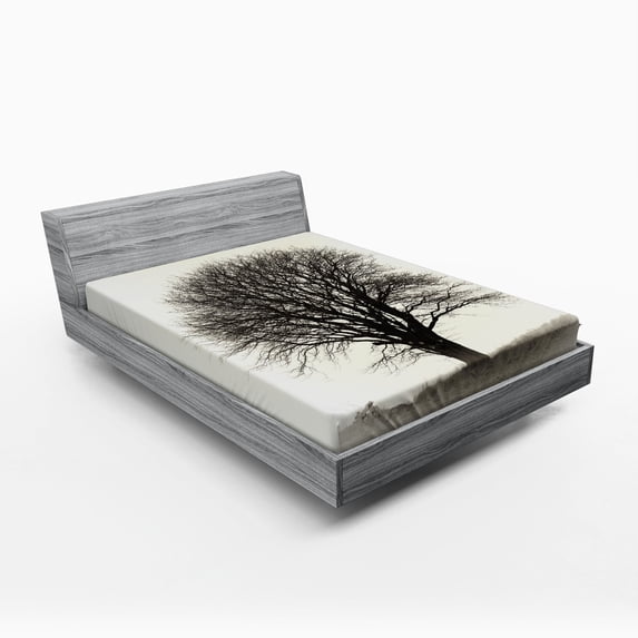 Ambesonne Country Fitted Sheet, Branch Tree Field, Queen Size, Ivory Dark Grey
