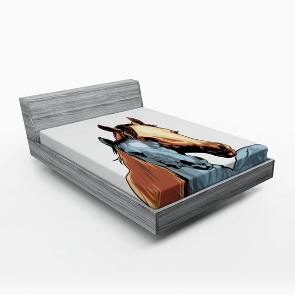 Ambesonne Country Fitted Sheet, Farm Life 2 Horses, Queen Size, Pale Caramel Turquoise