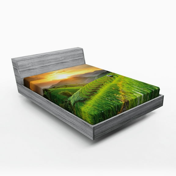 Ambesonne Country Fitted Sheet, Green Farm Landscape, Queen Size, Multicolor