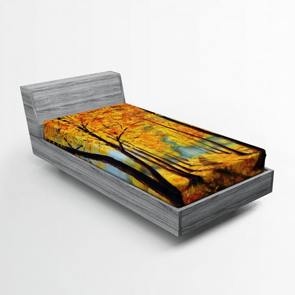 Ambesonne Country Fitted Sheet, Nature Park Autumn Fall, Twin Size, Yellow Brown