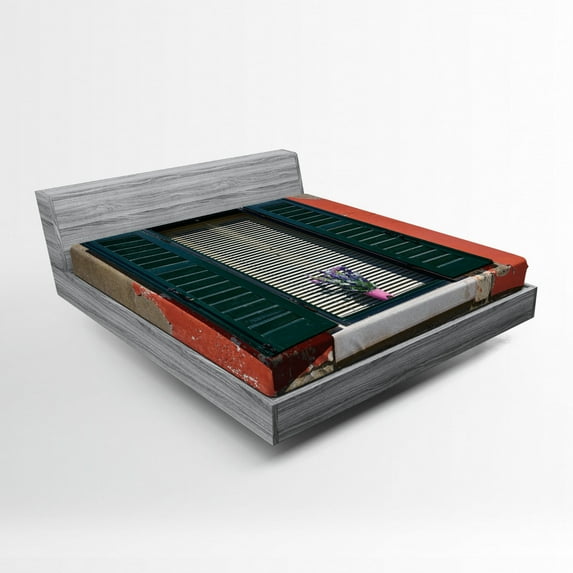 Ambesonne Country Fitted Sheet, Old Italian Stone House, Full Size, Green Grey Red