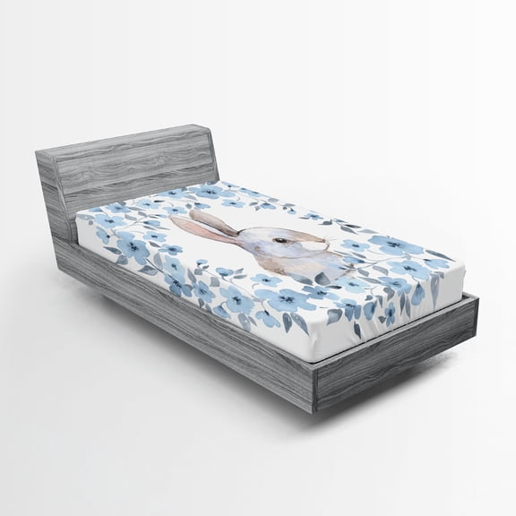 Ambesonne Country Fitted Sheet, Rabbit Portrait, Twin XL Size, Blue Grey White