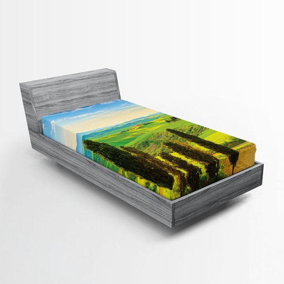 Ambesonne Country Fitted Sheet, Rural Sunset in Italy, Twin XL Size, Blue Green