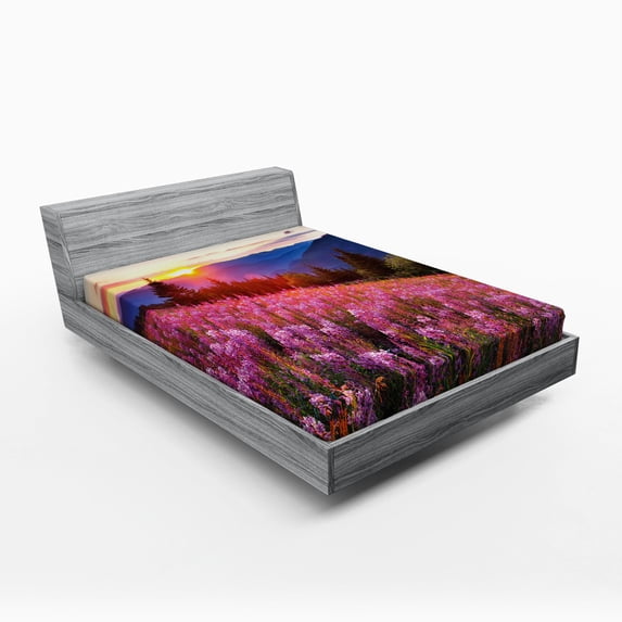 Ambesonne Country Fitted Sheet, Spring Mountains Floral, Queen Size, Pink Blue