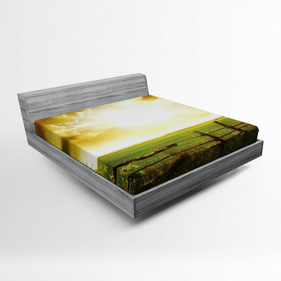 Ambesonne Country Fitted Sheet, Sunset on Spring Field, Full Size, Green Yellow