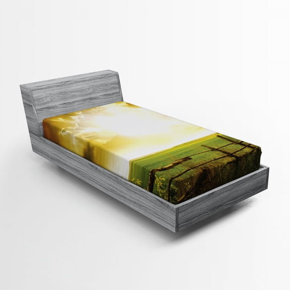 Ambesonne Country Fitted Sheet, Sunset on Spring Field, Twin Size, Green Yellow