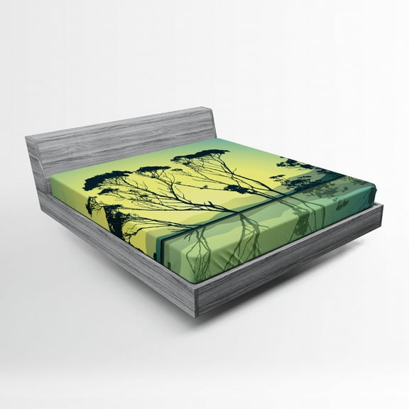 Ambesonne Country Fitted Sheet, Tree Silhouettes Scenic, Full Size, Yellow Blue