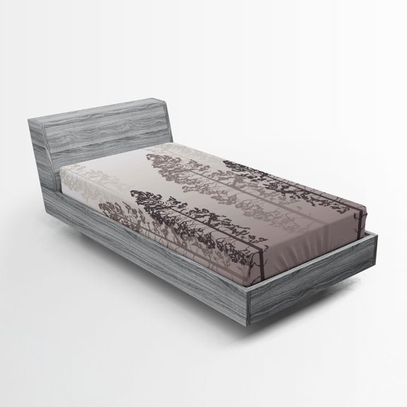 Ambesonne Country Fitted Sheet, Wild Pine Forest Themed, Twin XL Size, Pale Mauve Taupe