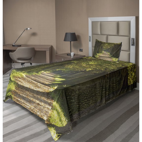 Ambesonne Country Fitted & Top Sheet Set with Sham, Alley with Oak Trees, Dark Green Pale Brown