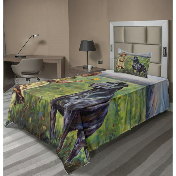 Ambesonne Country Fitted & Top Sheet Set with Sham, Flower and Dog Painting Art, Multicolor