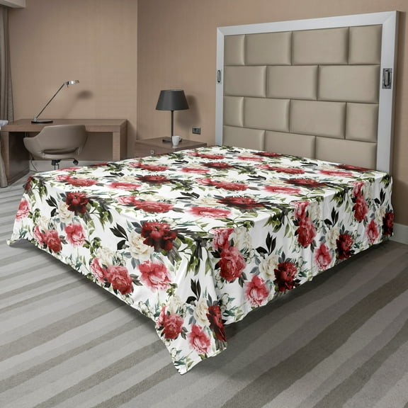 Ambesonne Country Flat Sheet, Watercolor Pink Roses, Queen Size, Dark Coral Maroon