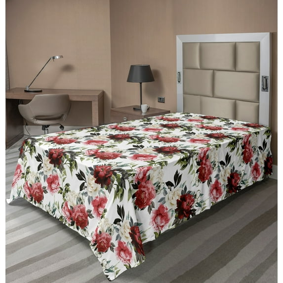 Ambesonne Country Flat Sheet, Watercolor Pink Roses, TwinXL Size, Dark Coral Maroon