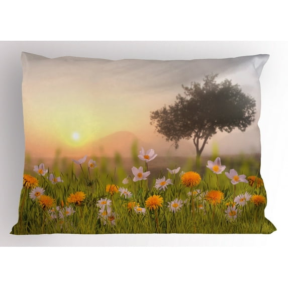 Ambesonne Country Home Pillow Sham, Daisies Tree Mist, 26" X 20", Multicolor