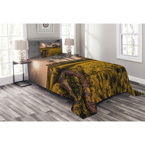 Ambesonne Country Home Quilted Bedspread Set 2 Pcs, Old Rural House, Twin Size, Multicolor