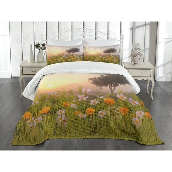 Ambesonne Country Home Quilted Bedspread Set 3 Pcs, Daisies Tree Mist, King Size, Multicolor