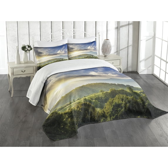 Ambesonne Country Home Quilted Bedspread Set 3 Pcs, Sunrise Woodland, King Size, Olive Green Blue Yellow