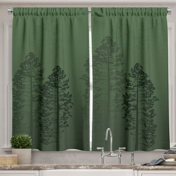 Ambesonne Country Kitchen Curtains, Pine Trees Woodland Ombre, 55"x30", Forest Green