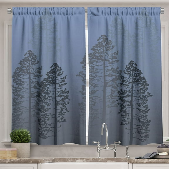 Ambesonne Country Kitchen Curtains, Pine Trees Woodland Ombre, 55"x45", Lavender Blue