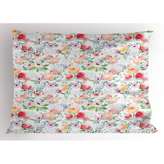 Ambesonne Country Pillow Sham, Colored Spring Flowers, 26" X 20", Pink Green Red