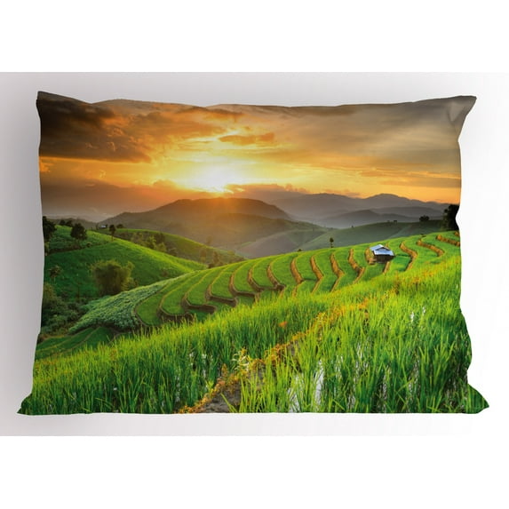 Ambesonne Country Pillow Sham, Green Farm Landscape, 36" X 20", Multicolor