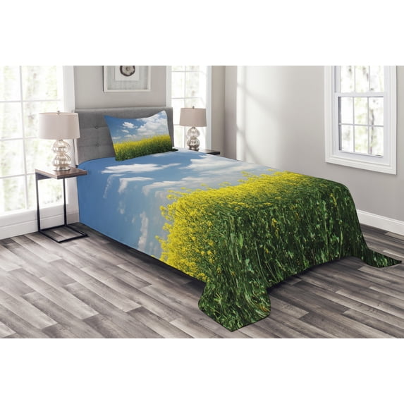 Ambesonne Country Quilted Bedspread Set 2 Pcs, Rape Field Germany, Twin Size, Yellow Green Blue