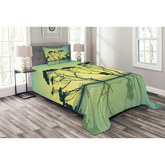 Ambesonne Country Quilted Bedspread Set 2 Pcs, Tree Silhouettes Scenic, Twin Size, Yellow Blue