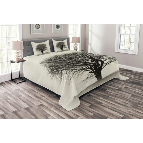 Ambesonne Country Quilted Bedspread Set 3 Pcs, Branch Tree Field, King Size, Ivory Dark Grey