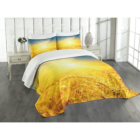 Ambesonne Country Quilted Bedspread Set 3 Pcs, Harvest Wheat, King Size, Earth Yellow Petrol Blue