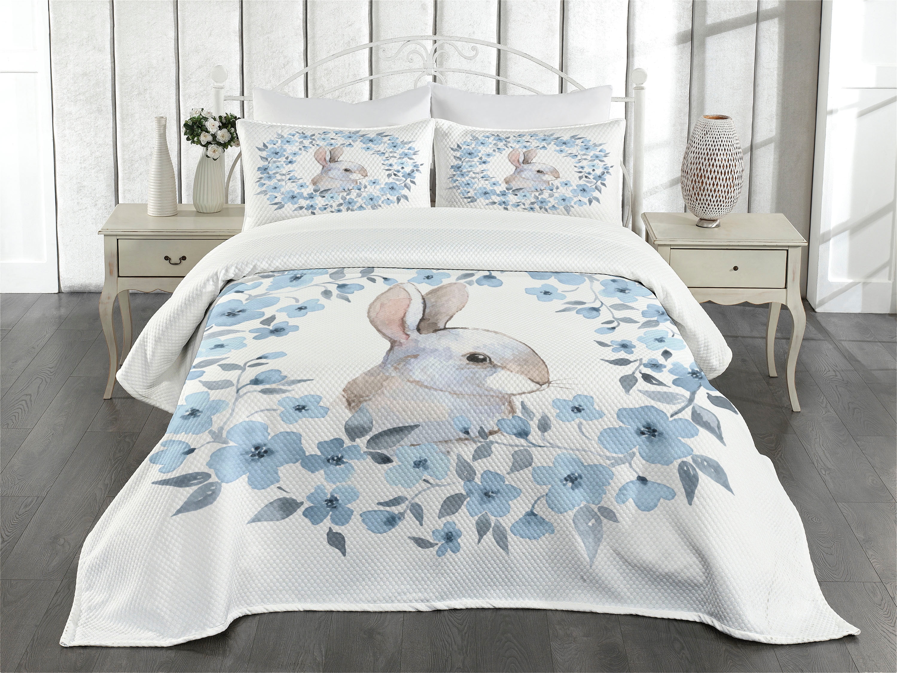 White Quilted King Bedspread Set with Rabbit Design
