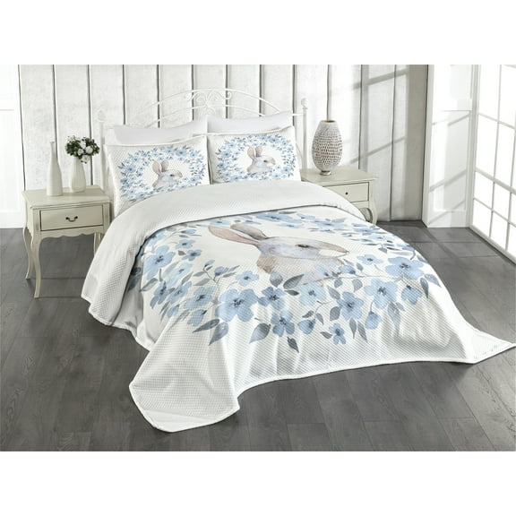 Ambesonne Country Quilted Bedspread Set 3 Pcs, Rabbit Portrait, Queen Size, Blue Grey White