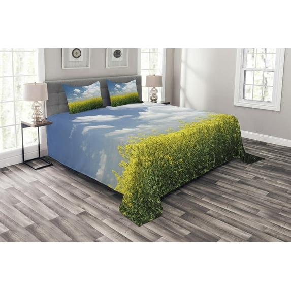 Ambesonne Country Quilted Bedspread Set 3 Pcs, Rape Field Germany, King Size, Yellow Green Blue
