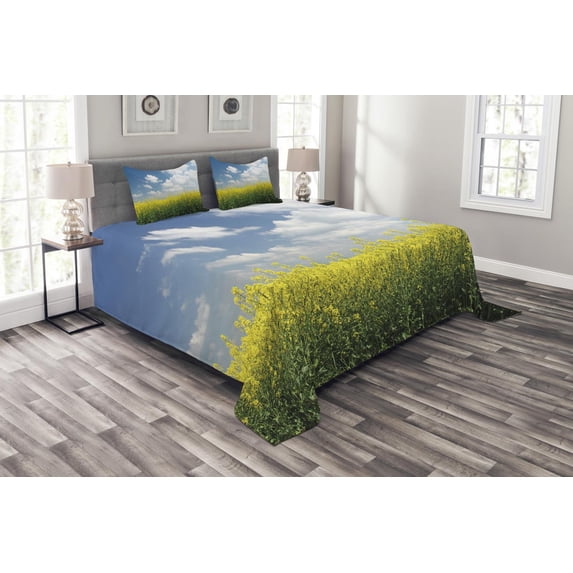 Ambesonne Country Quilted Bedspread Set 3 Pcs, Rape Field Germany, Queen Size, Yellow Green Blue