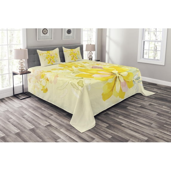 Ambesonne Country Quilted Bedspread Set 3 Pcs, Romantic Yellow Flowers, Queen Size, Multicolor