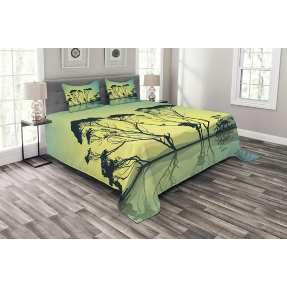 Ambesonne Country Quilted Bedspread Set 3 Pcs, Tree Silhouettes Scenic, King Size, Yellow Blue