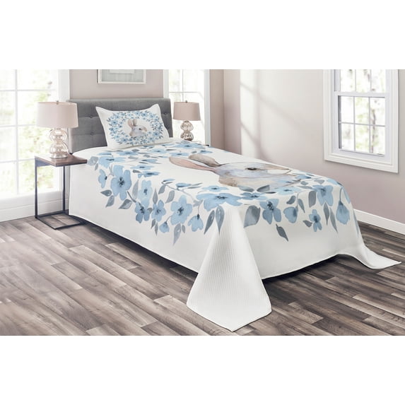 Ambesonne Country Quilted Coverlet 2 Pcs, Rabbit Portrait, Twin Size, Blue Grey White