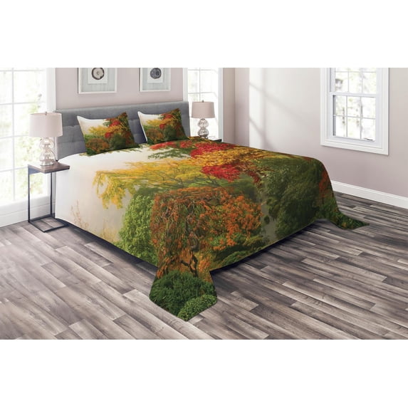 Ambesonne Country Quilted Coverlet 3 Pcs, Portland Japan Garden, Queen Size, Red Yellow Green