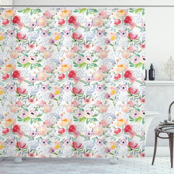 Ambesonne Country Shower Curtain, Colored Spring Flowers, 69"Wx75"L, Pink Green Red