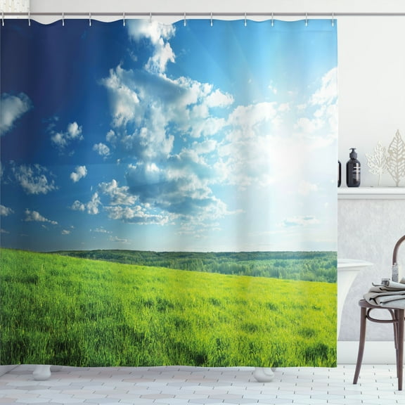 Ambesonne Country Shower Curtain, Meadow Valley Cloud Sun, 69"Wx70"L, Lime Green Pale Blue